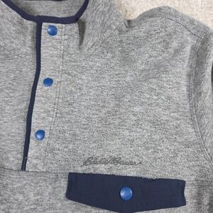 Eddie Bauer Pullover Sweater Mens L Heather Gray Blue Fleece Snap Hiking Comfort